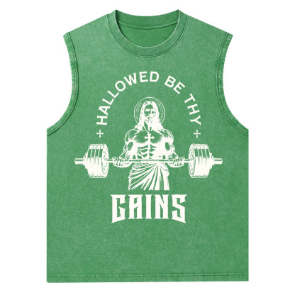 Hallowed Be Thy Gains Christian Washed Tank Top