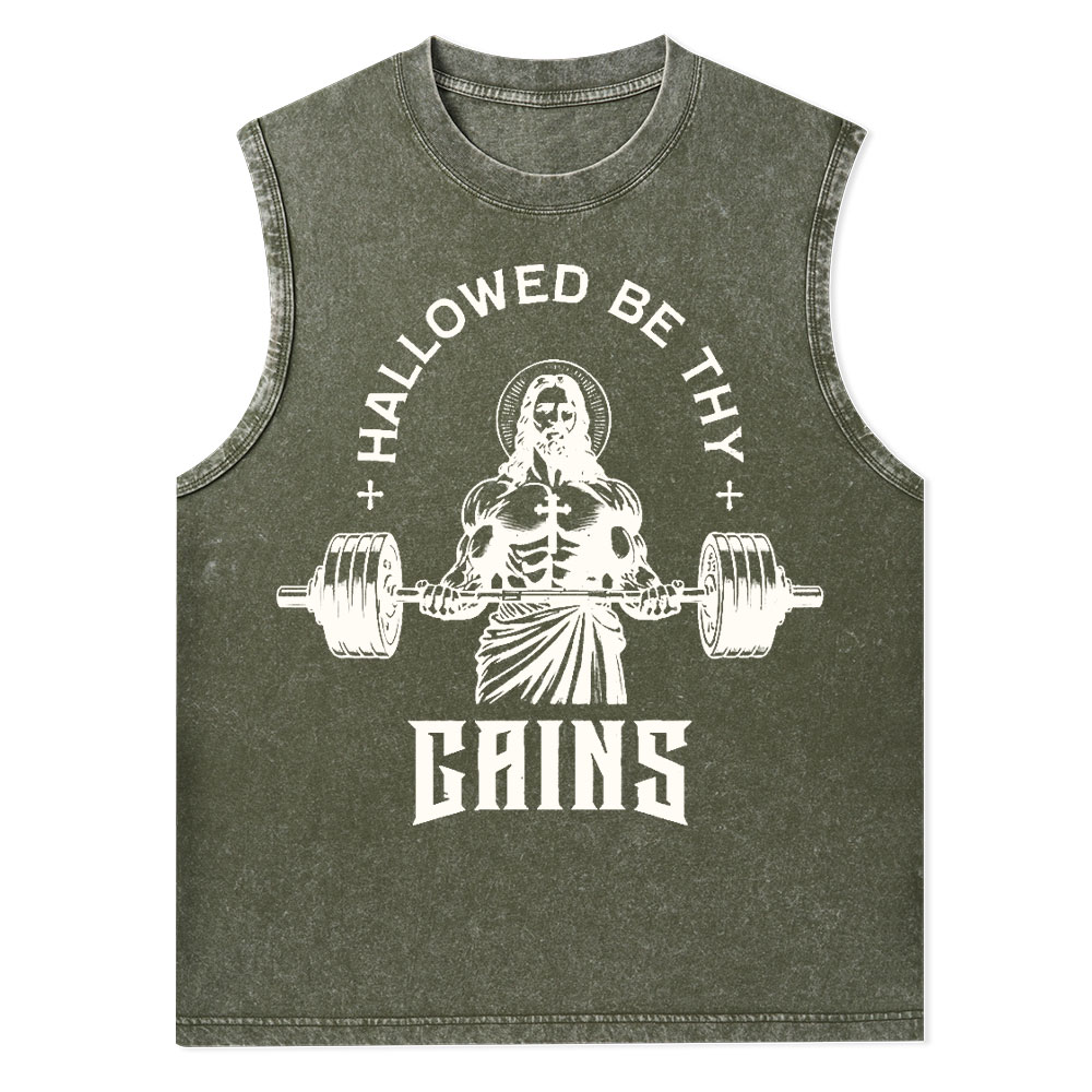 Hallowed Be Thy Gains Christian Washed Tank Top