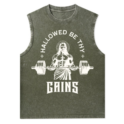 Hallowed Be Thy Gains Christian Washed Tank Top