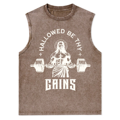 Hallowed Be Thy Gains Christian Washed Tank Top
