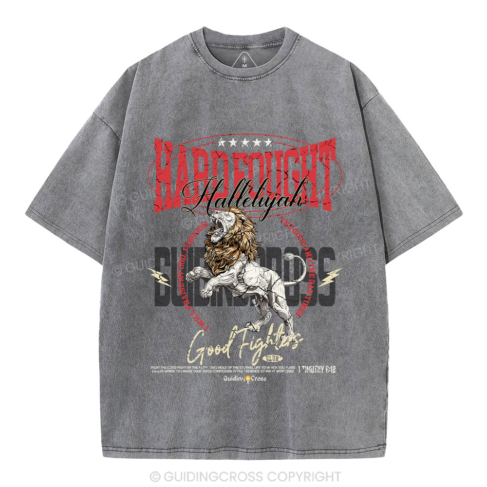 Hard Fought Hallelujah Lion Christian Washed T-Shirt