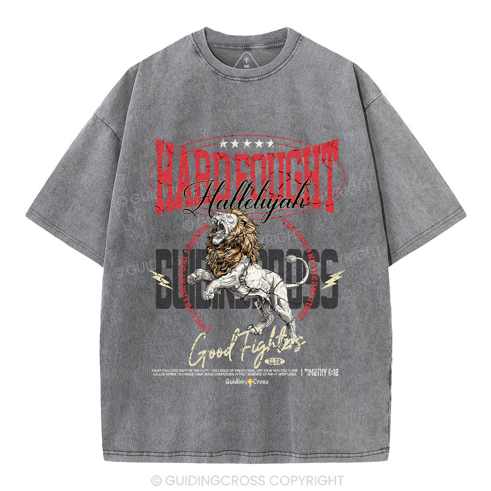 Hard Fought Hallelujah Lion Christian Washed T-Shirt