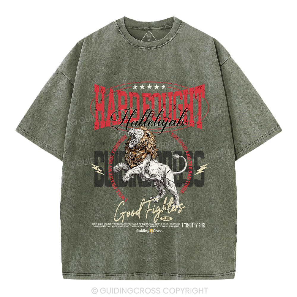 Hard Fought Hallelujah Lion Christian Washed T-Shirt