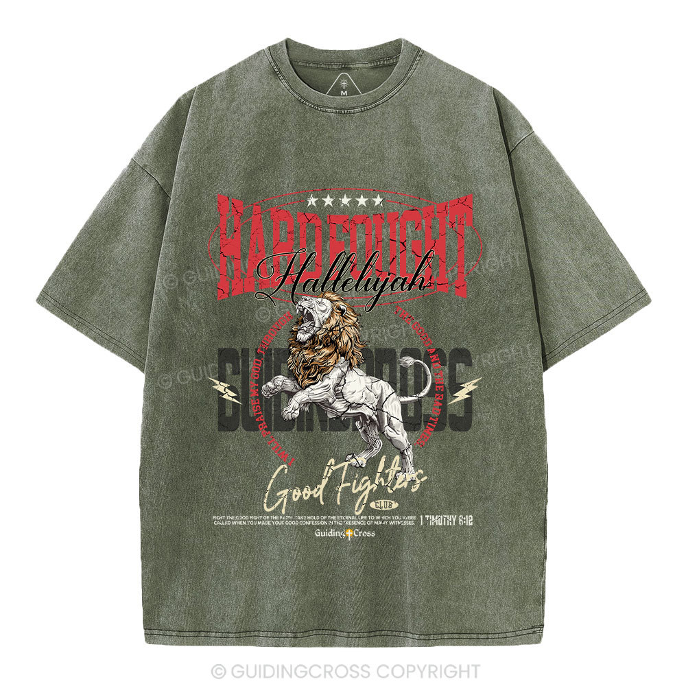 Hard Fought Hallelujah Lion Christian Washed T-Shirt
