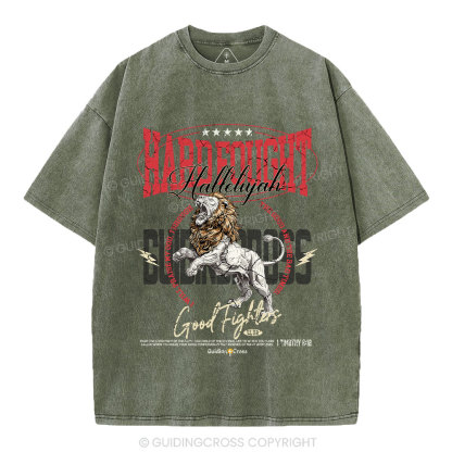 Hard Fought Hallelujah Lion Christian Washed T-Shirt