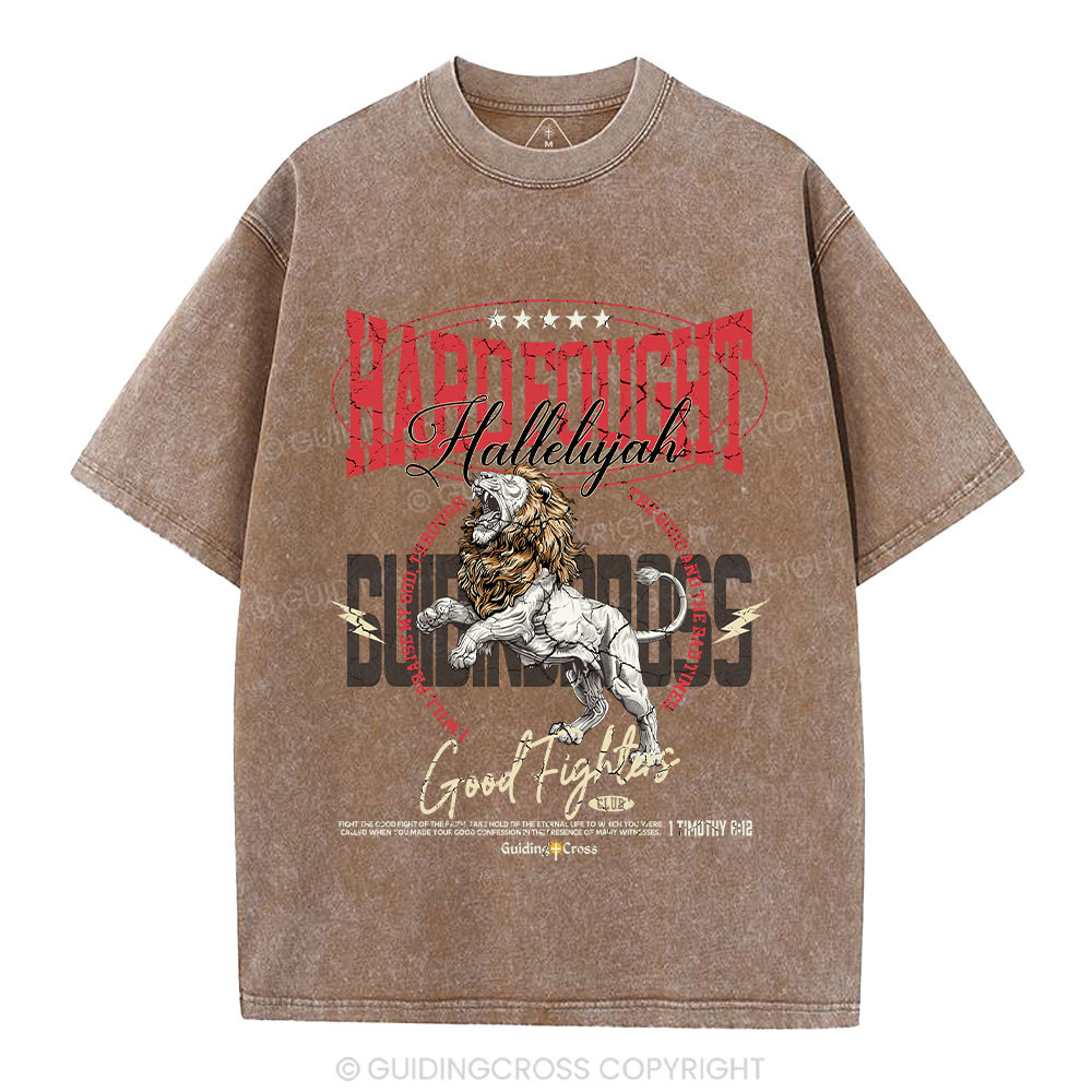Hard Fought Hallelujah Lion Christian Washed T-Shirt