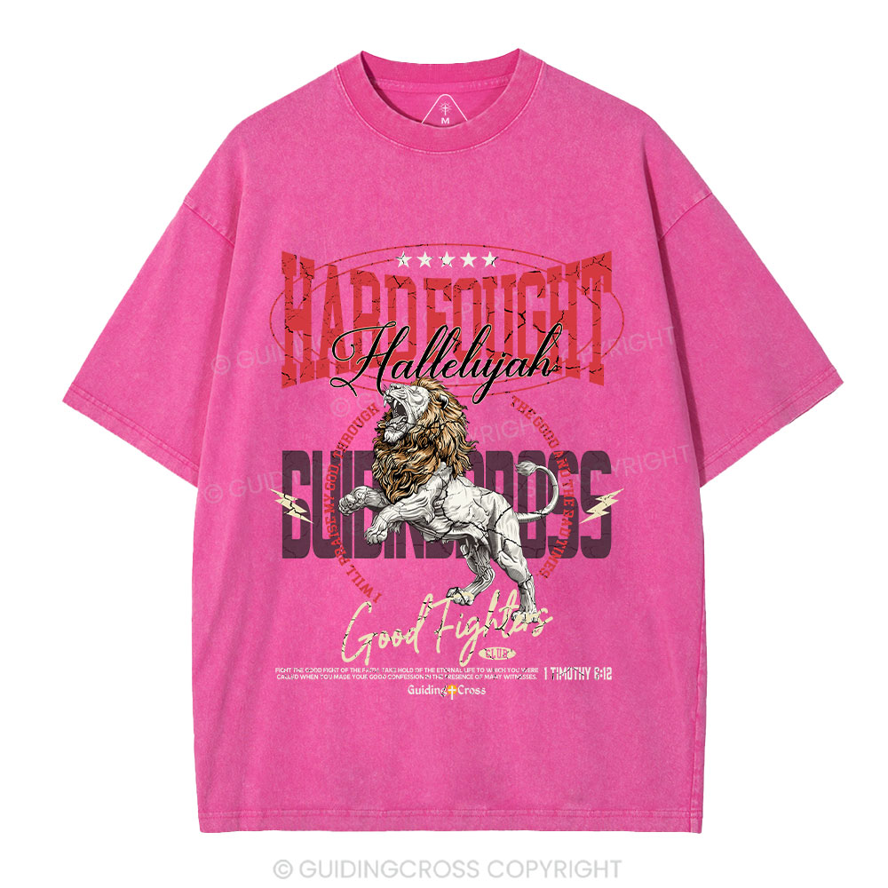 Hard Fought Hallelujah Lion Christian Washed T-Shirt