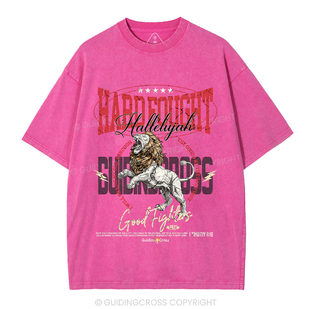 Hard Fought Hallelujah Lion Christian Washed T-Shirt