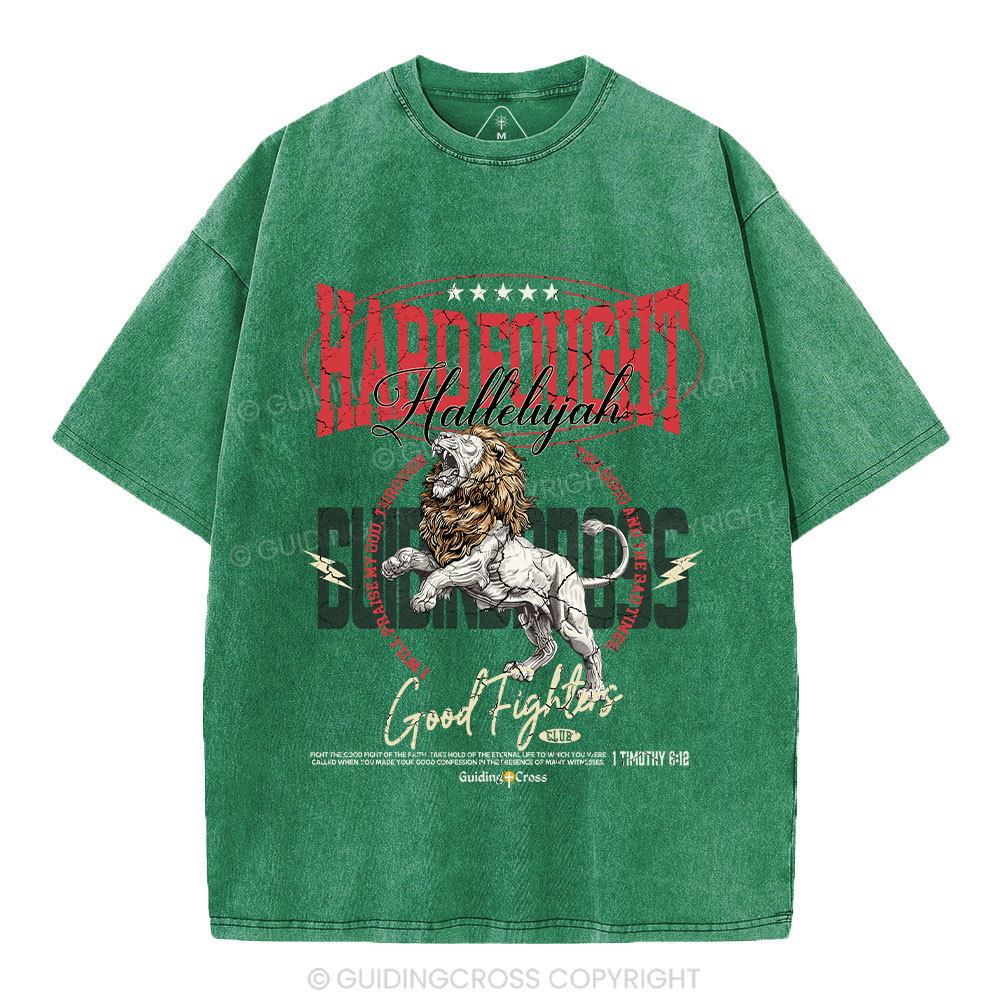 Hard Fought Hallelujah Lion Christian Washed T-Shirt