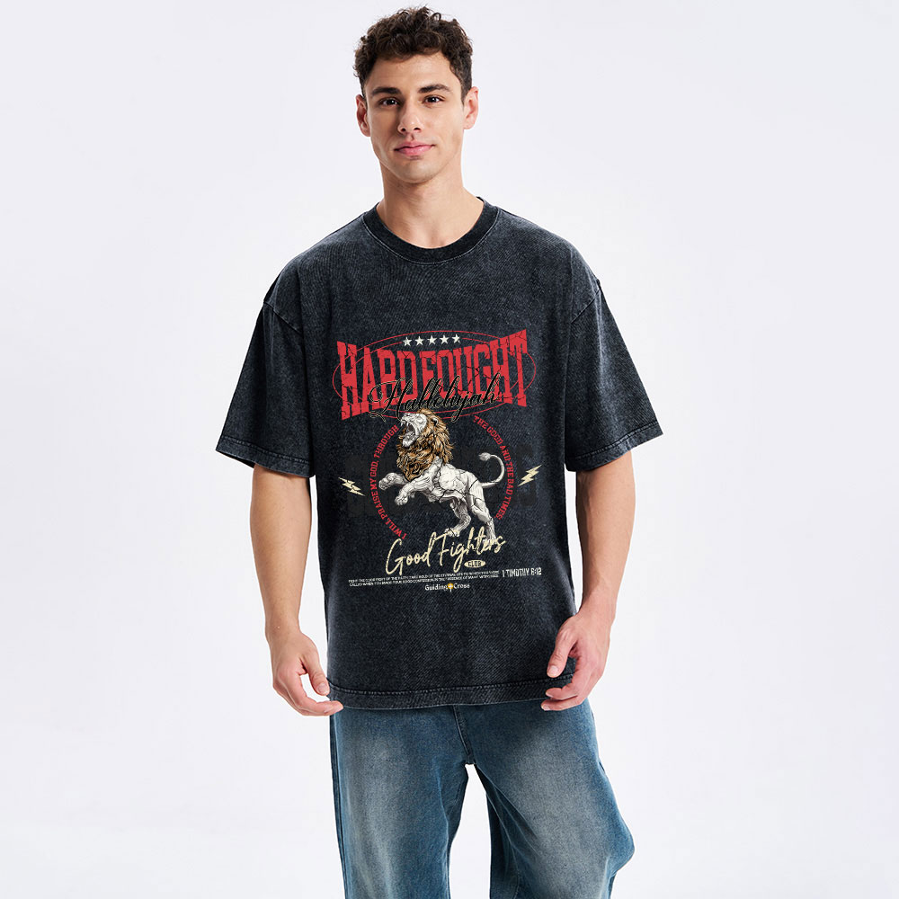 Hard Fought Hallelujah Lion Christian Washed T-Shirt