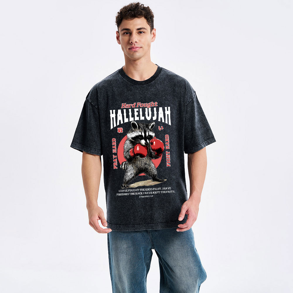 Hard Fought Hallelujah Raccoon Christian Washed T-Shirt