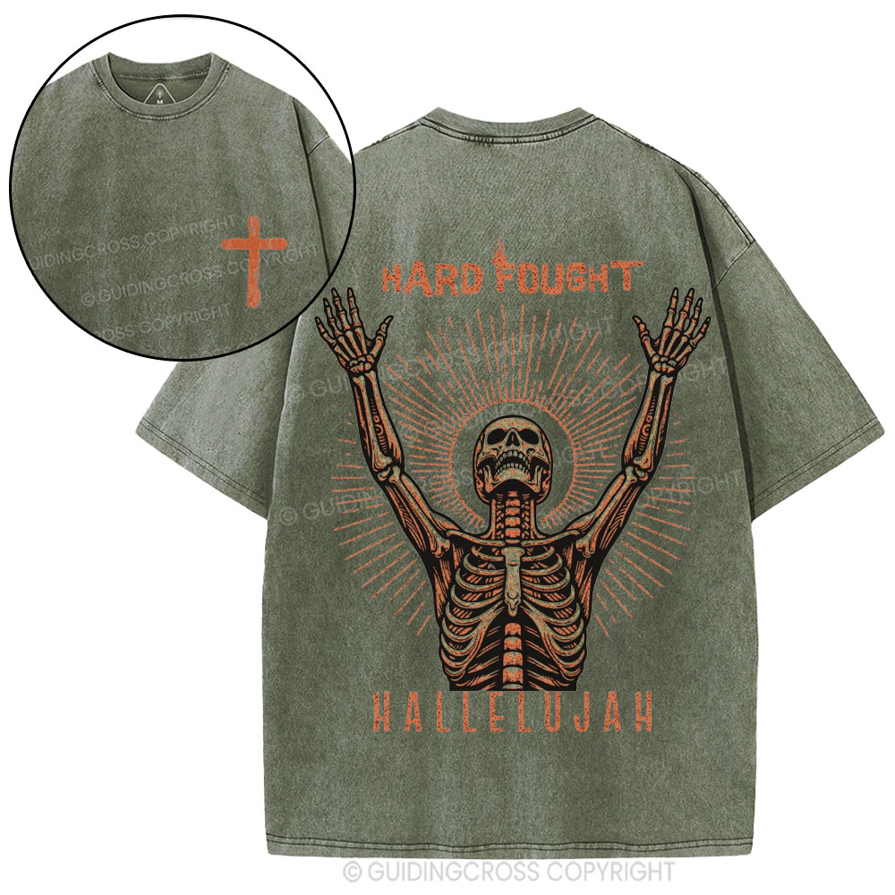 Hard Fought Hallelujah Skeleton Christian Washed T-Shirt