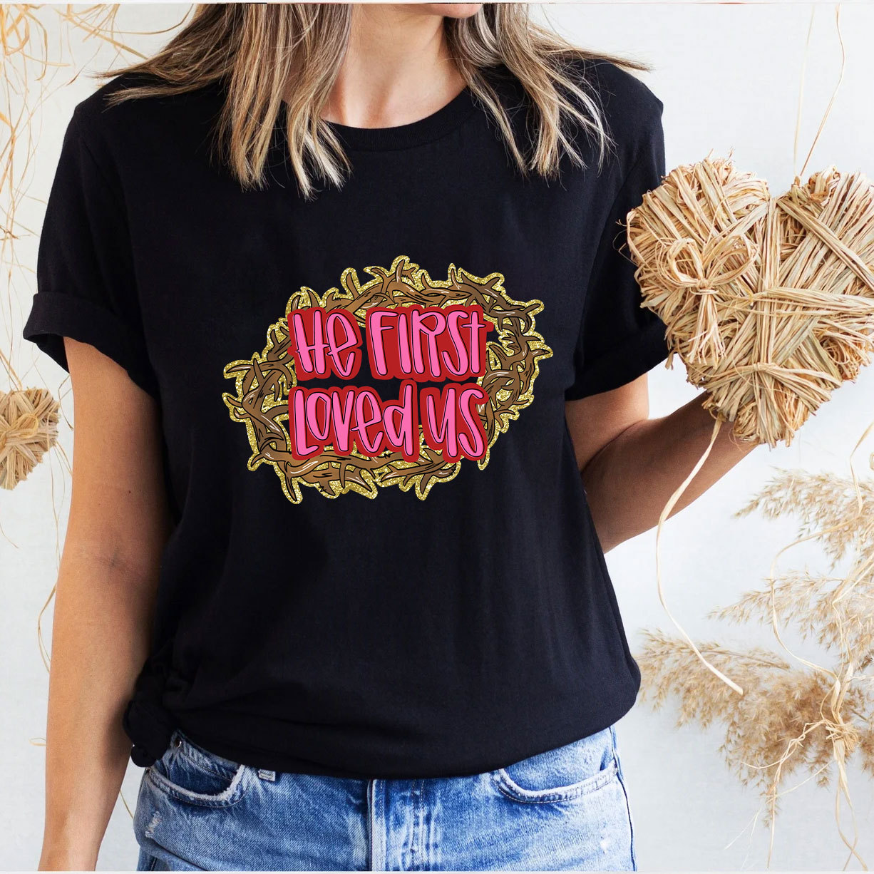 He First Loved Us Christian Glitter T-Shirt