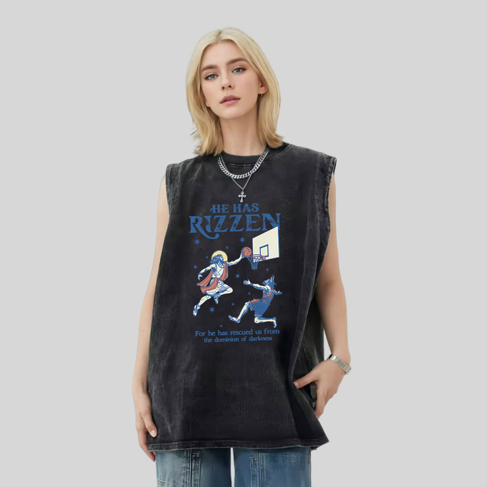 He Has Rizzen Christian Washed Tank Top