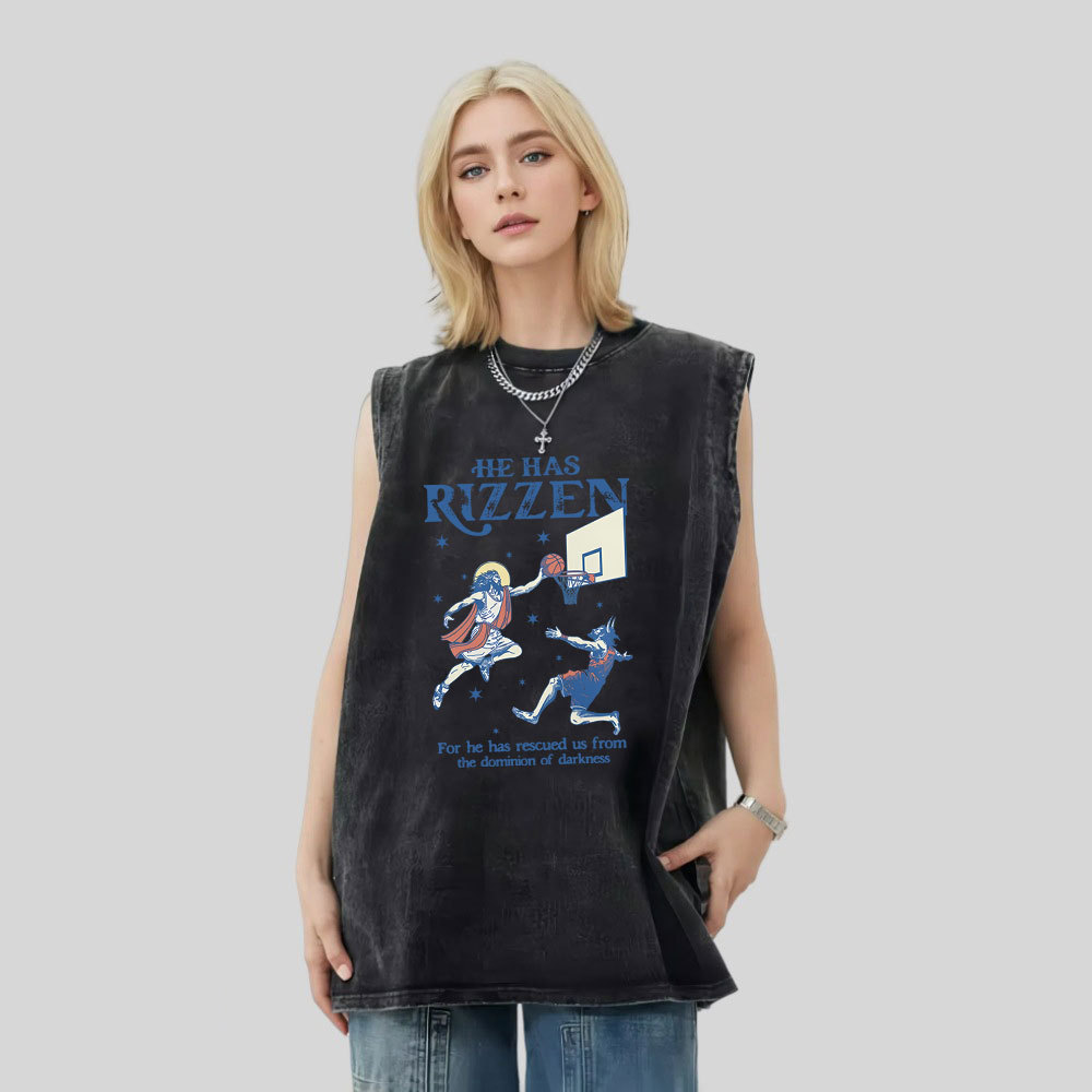 He Has Rizzen Christian Washed Tank Top