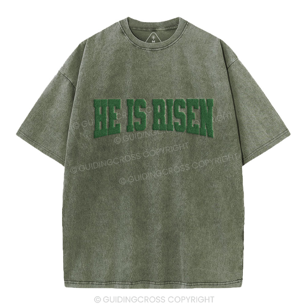 He Is Risen Christian Puff Printed Washed T-Shirt