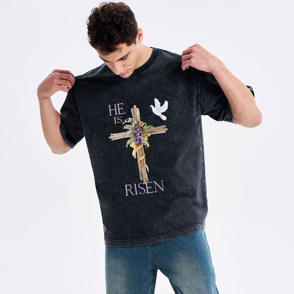 He Is Risen Cross Chrisitian Washed T-Shirt