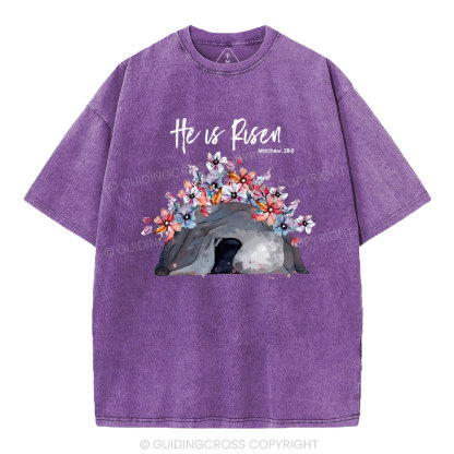 He Is Risen Flower Christian Washed T-Shirt