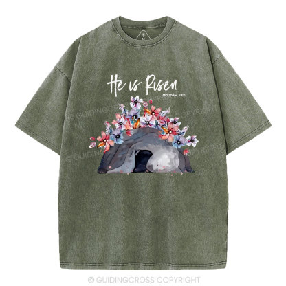He Is Risen Flower Christian Washed T-Shirt