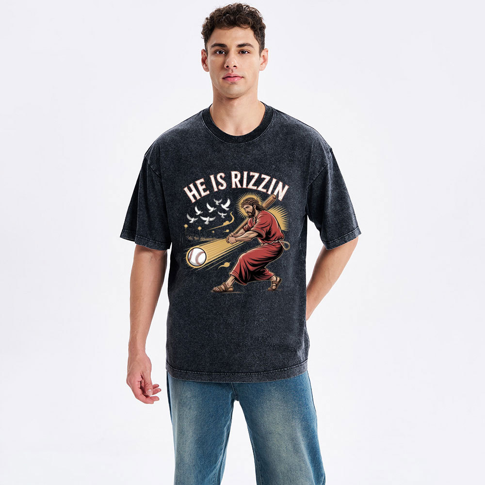 He Is Rizzen Baseball Christian Washed T-Shirt