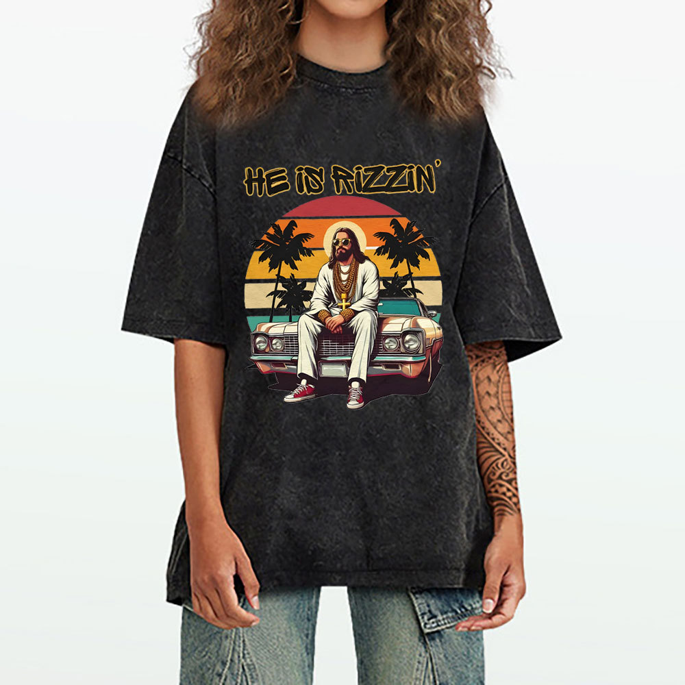 He Is Rizzen Chirstian Washed T-Shirt