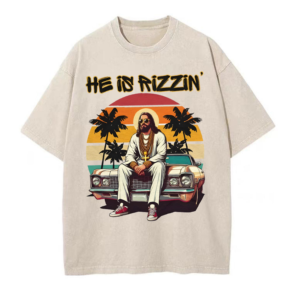 He Is Rizzen Chirstian Washed T-Shirt