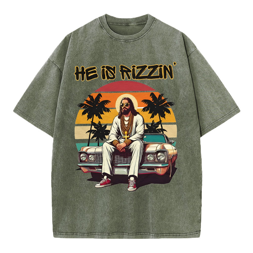 He Is Rizzen Chirstian Washed T-Shirt