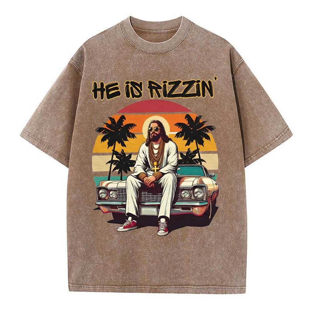 He Is Rizzen Chirstian Washed T-Shirt