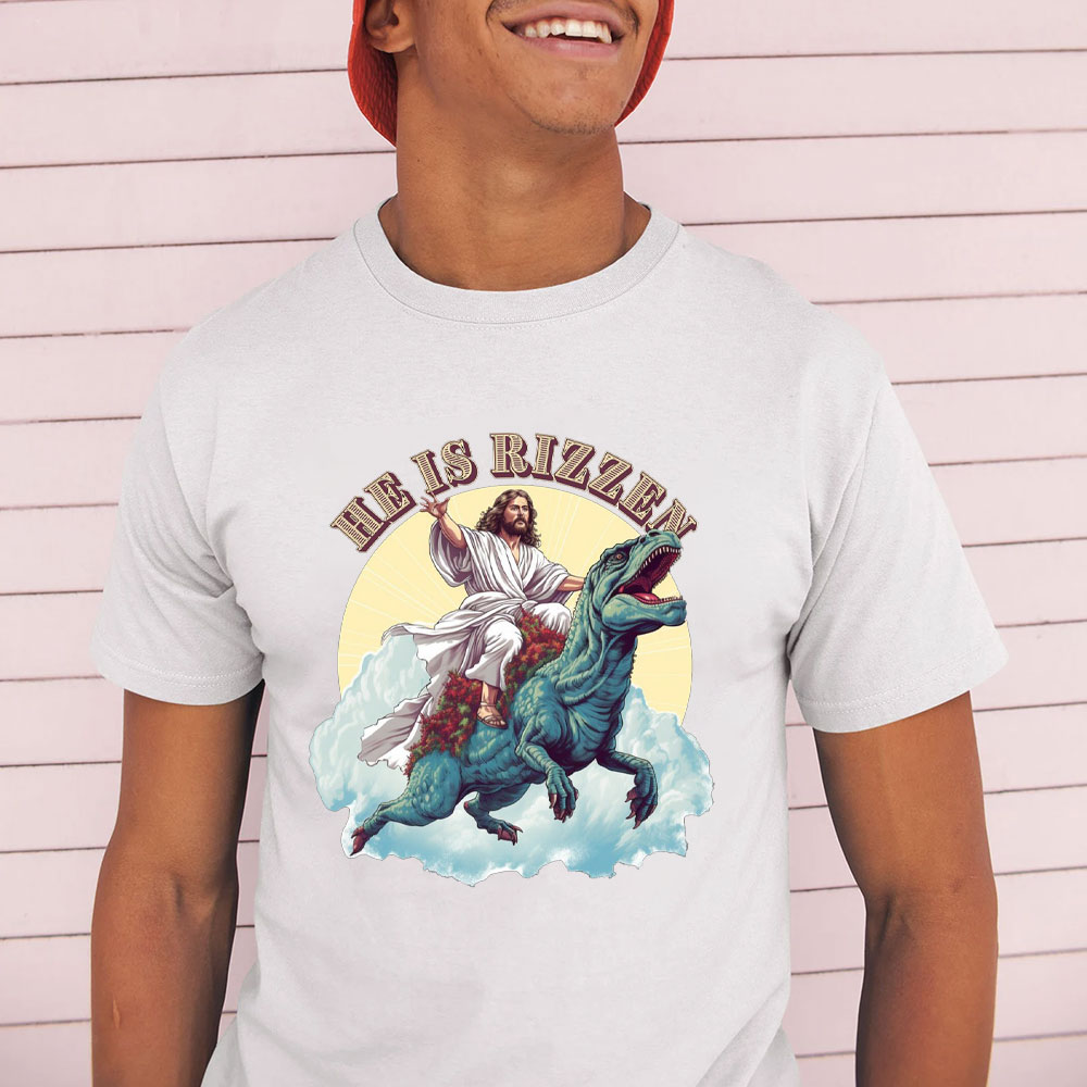 He Is Rizzen Jesus Riding A Dinosaur Christian T-Shirt