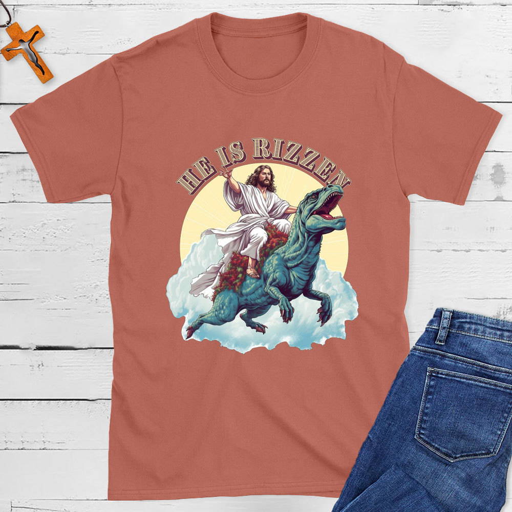 He Is Rizzen Jesus Riding A Dinosaur Christian T-Shirt