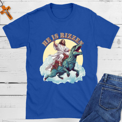 He Is Rizzen Jesus Riding A Dinosaur Christian T-Shirt