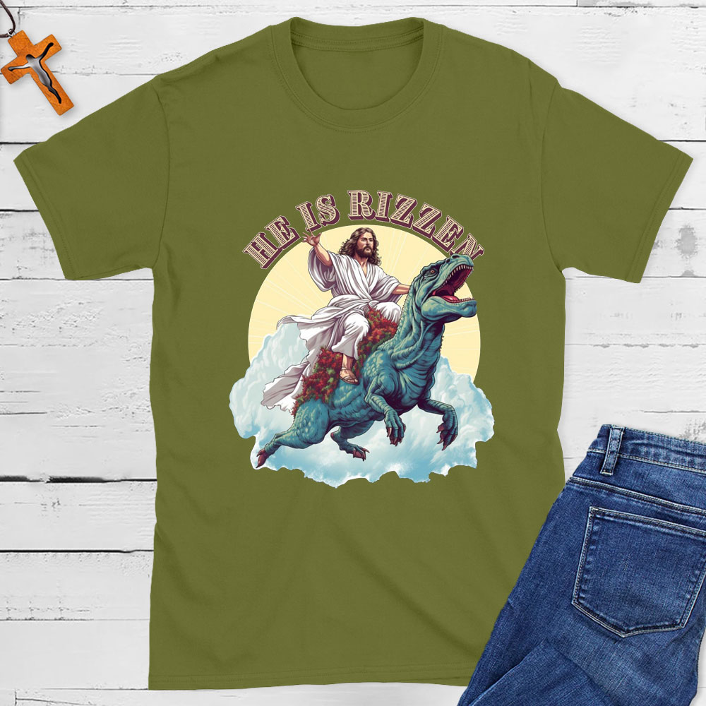 He Is Rizzen Jesus Riding A Dinosaur Christian T-Shirt