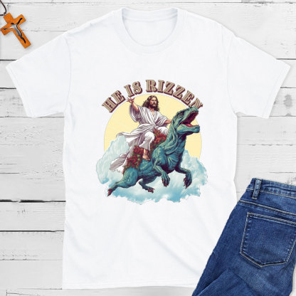 He Is Rizzen Jesus Riding A Dinosaur Christian T-Shirt