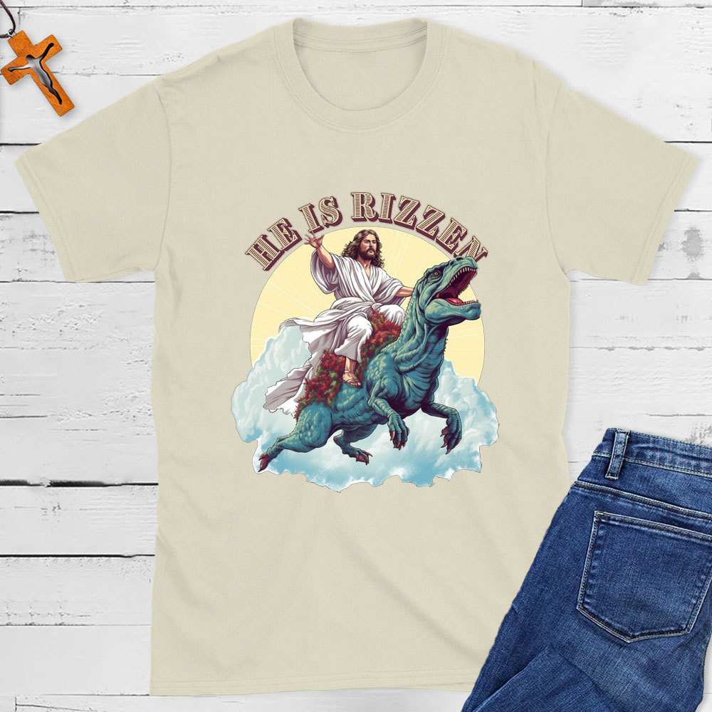 He Is Rizzen Jesus Riding A Dinosaur Christian T-Shirt