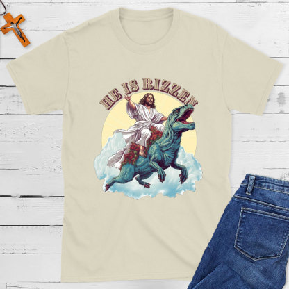 He Is Rizzen Jesus Riding A Dinosaur Christian T-Shirt