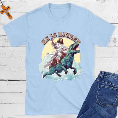 He Is Rizzen Jesus Riding A Dinosaur Christian T-Shirt