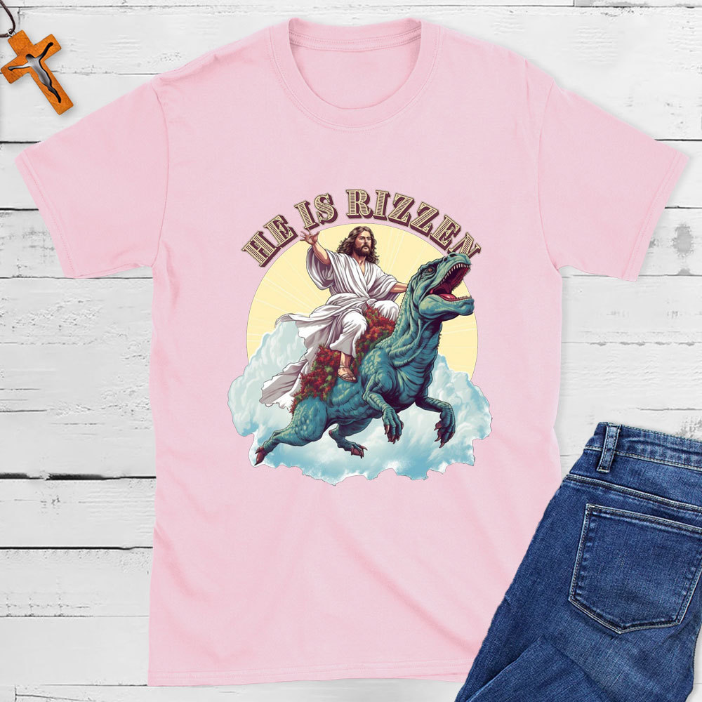 He Is Rizzen Jesus Riding A Dinosaur Christian T-Shirt