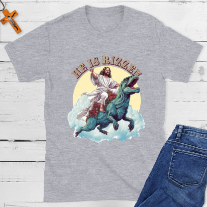 He Is Rizzen Jesus Riding A Dinosaur Christian T-Shirt