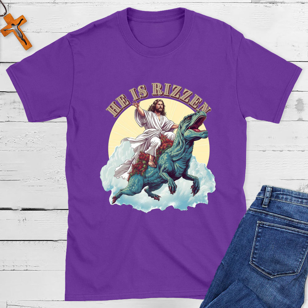 He Is Rizzen Jesus Riding A Dinosaur Christian T-Shirt