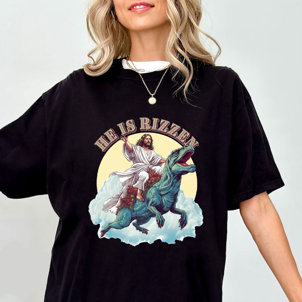 He Is Rizzen Jesus Riding A Dinosaur Christian T-Shirt