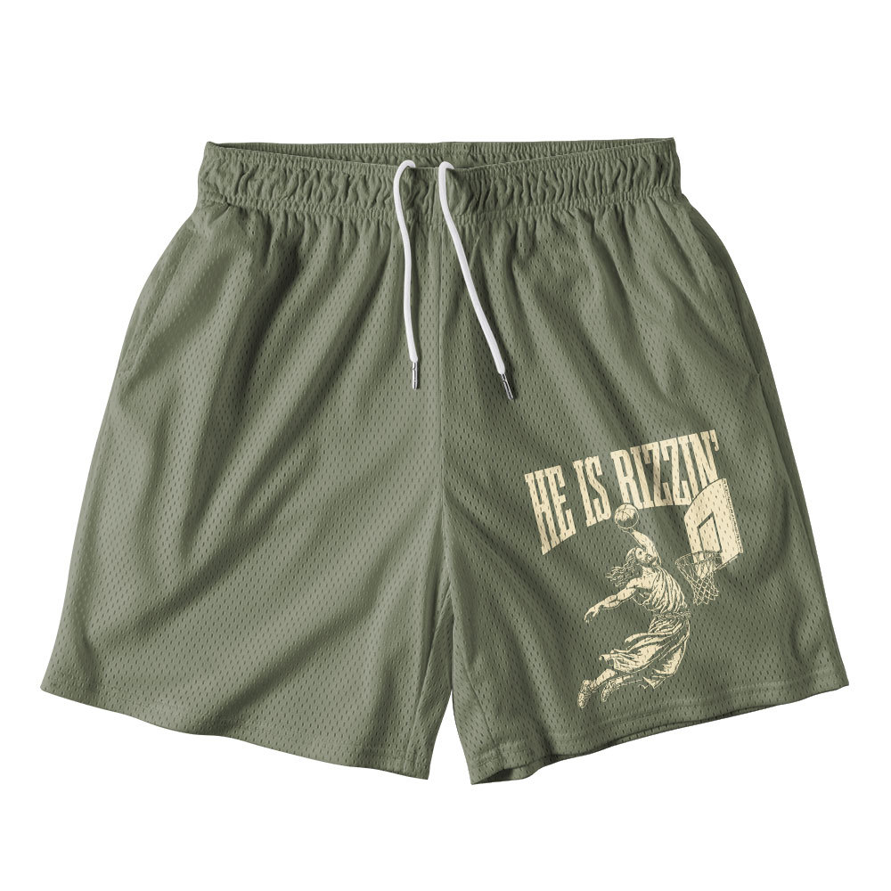 He Is Rizzin Army Green Christian Mesh Shorts
