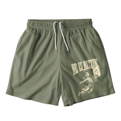 He Is Rizzin Army Green Christian Mesh Shorts