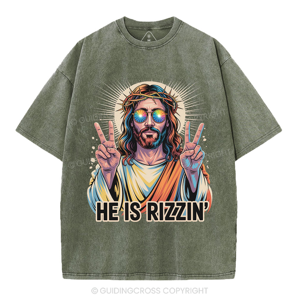 He Is Rizzin' Christian Washed T-Shirt