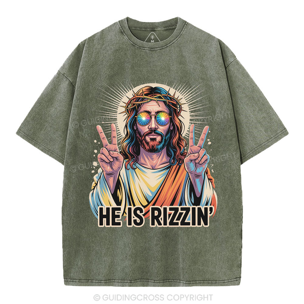 He Is Rizzin' Christian Washed T-Shirt