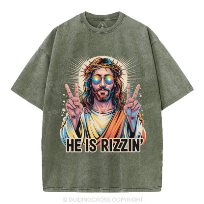 He Is Rizzin' Christian Washed T-Shirt