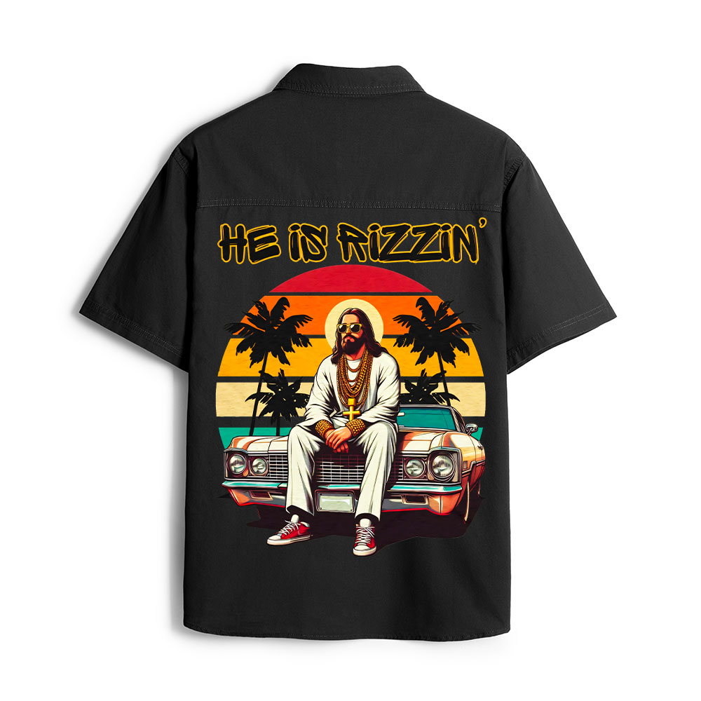 He Is Rizzin Christian Work Shirt