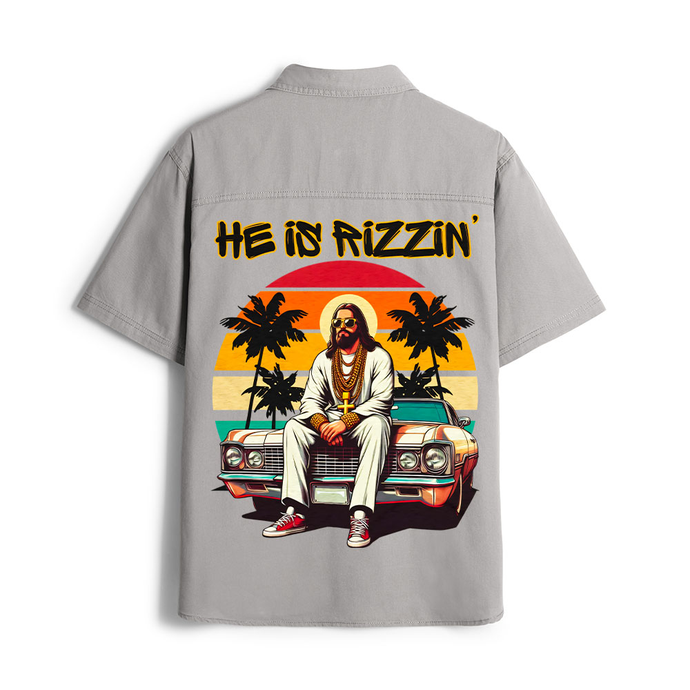 He Is Rizzin Christian Work Shirt