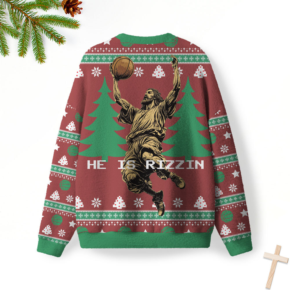 He Is Rizzin Christmas Furry Christian Lightweight Sweater