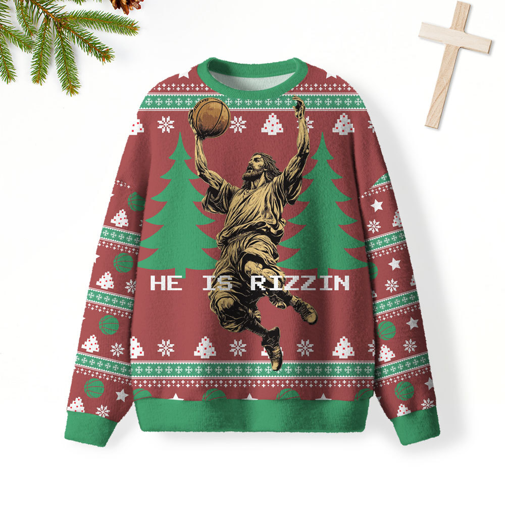 He Is Rizzin Christmas Furry Christian Lightweight Sweater