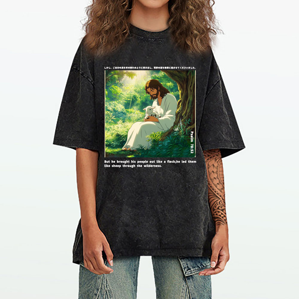 He Led Them Like Sheep Christian Washed T-Shirt